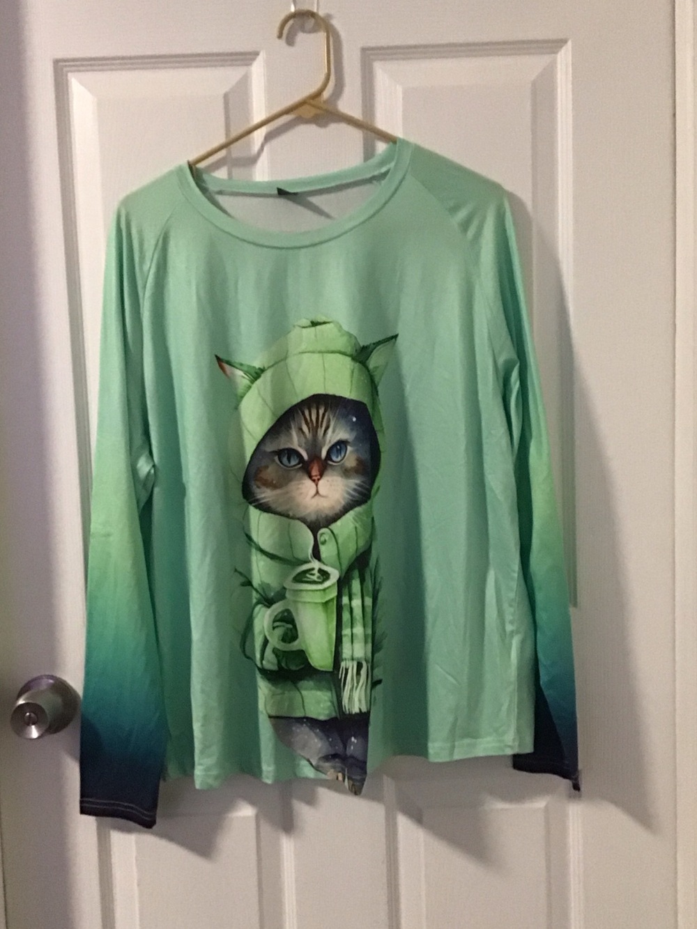 SHEIN Mint Green Ombre Cat Hoodie Graphic Long Sleeve Top